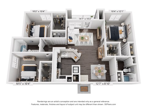 A 3D floor plan of a house with labeled rooms and dimensions.